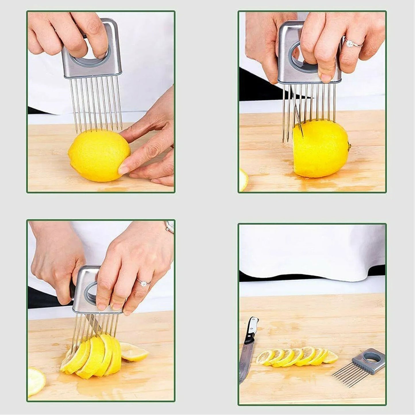 Stainless steel onion holder slicer tool with sharp prongs and a finger guard protector on a kitchen surface.