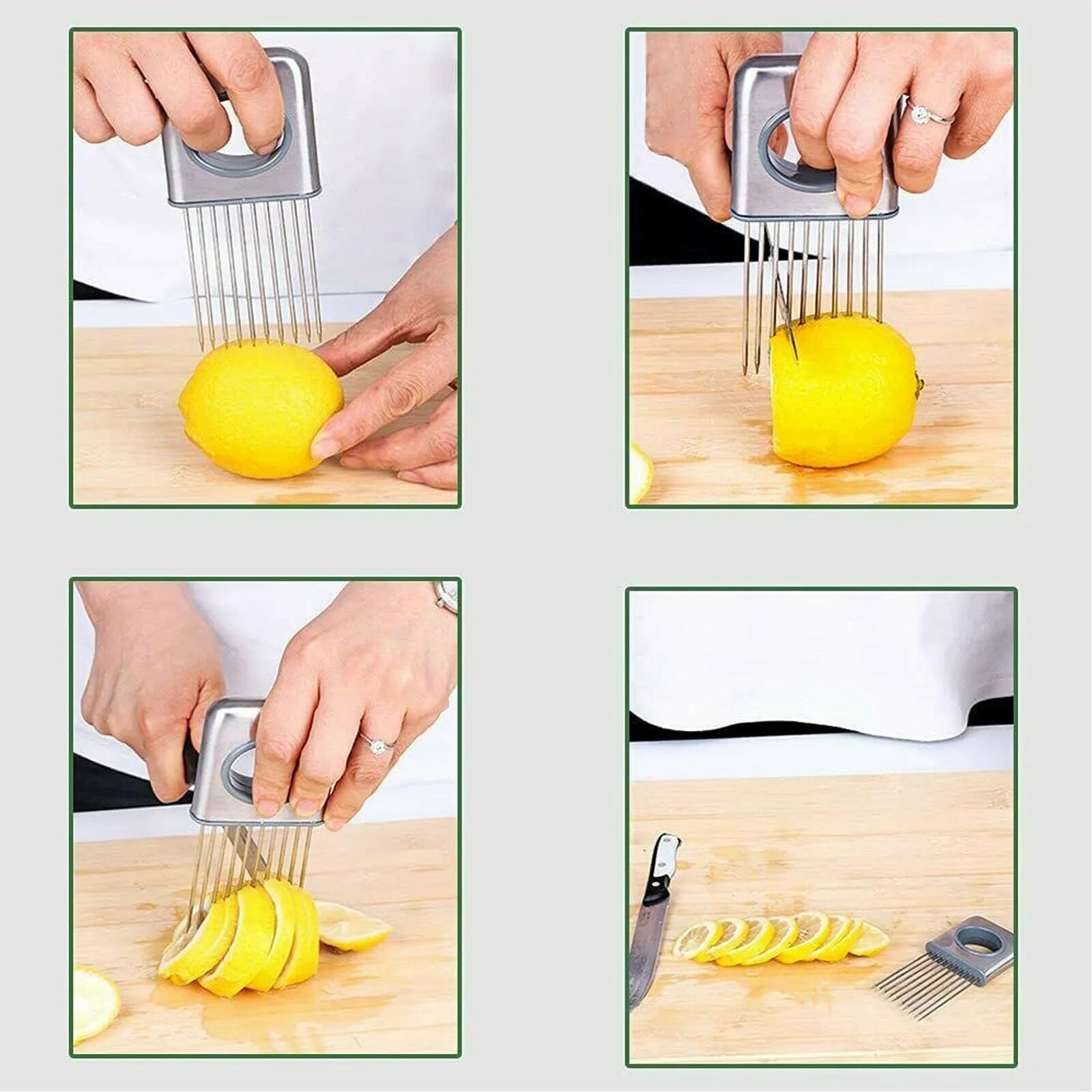 Stainless steel onion holder slicer tool with sharp prongs and a finger guard protector on a kitchen surface.