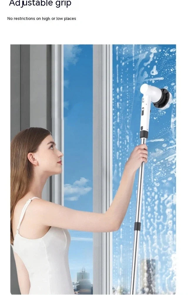 White 7-in-1 wireless electric cleaning brush with retractable 120cm handle and seven attachments for bathroom, floor, and car use