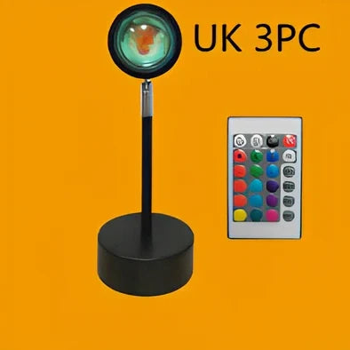 Rainbow sunset projector lamp with remote control showing colourful wall lighting effects