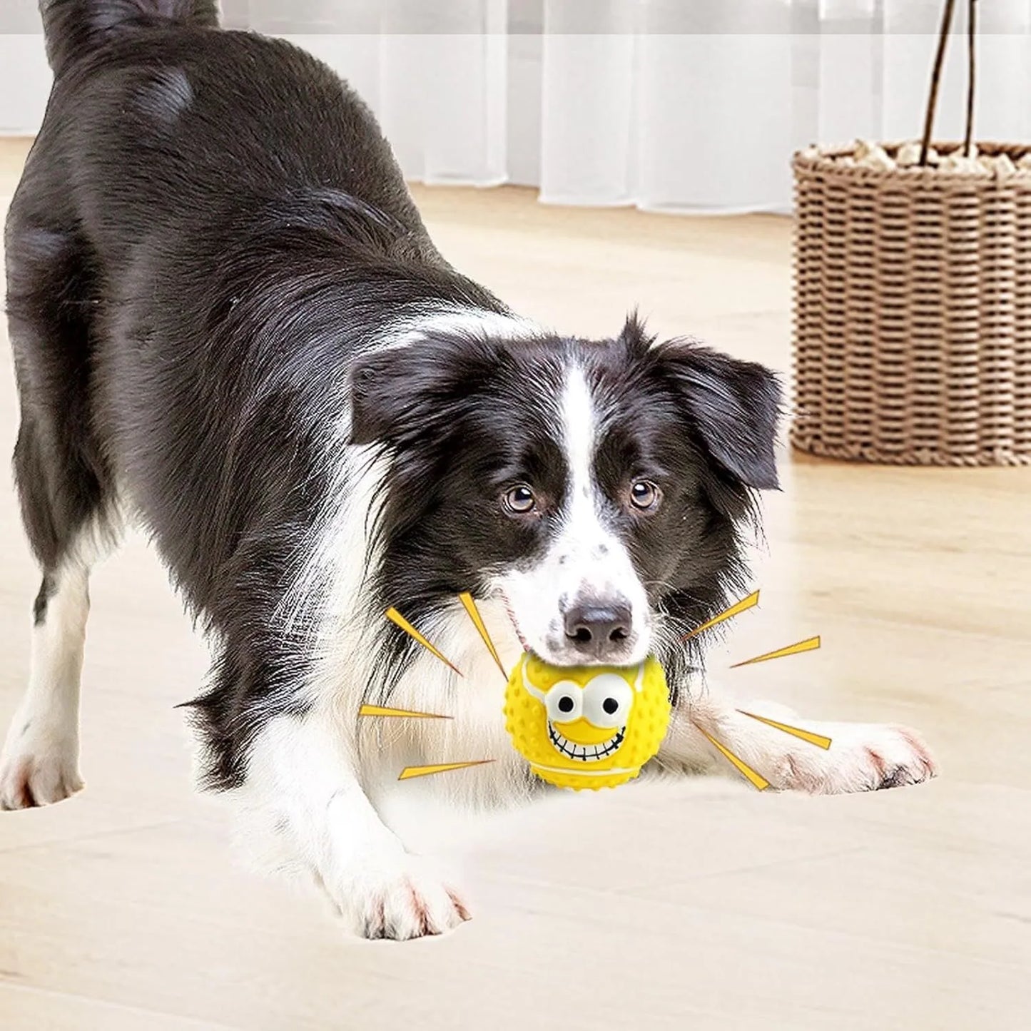 Green, orange, and yellow latex dog balls with smile face designs for chewing and play