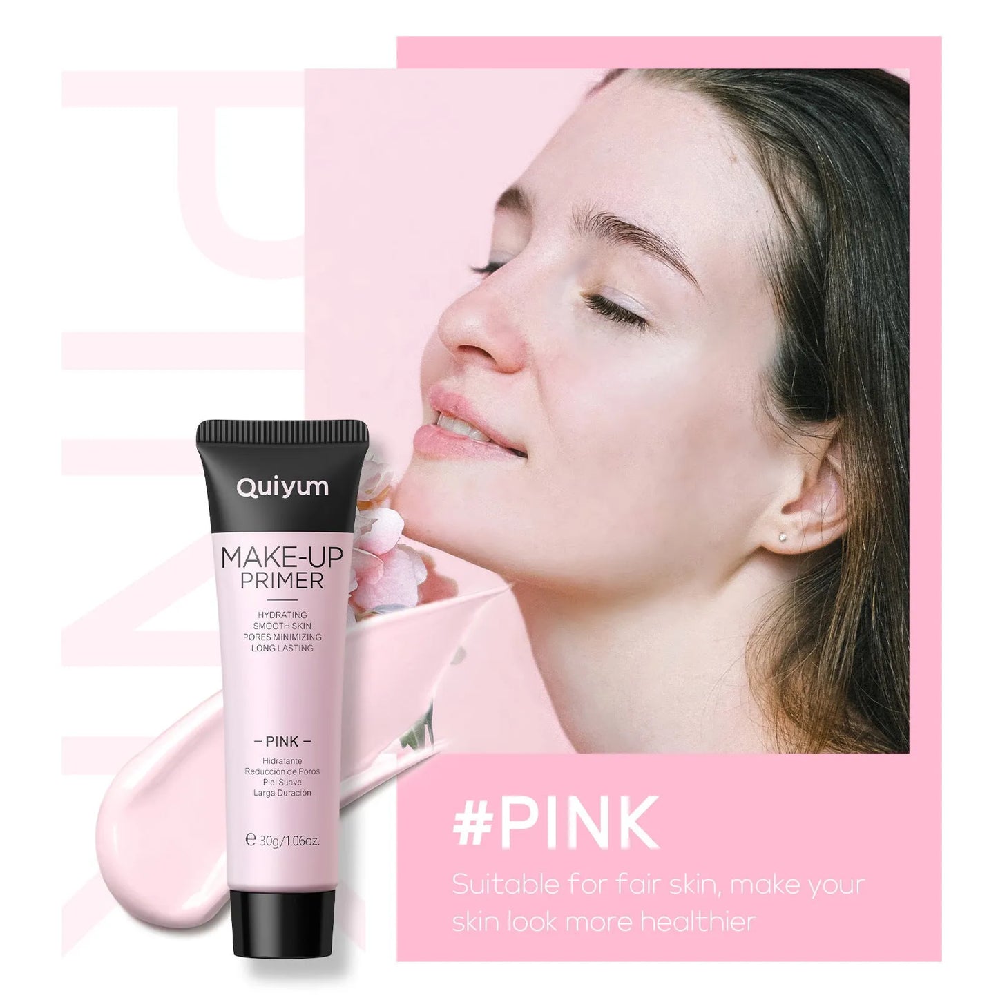 30g colour correcting makeup primer in purple, pink and green shade options with compact packaging