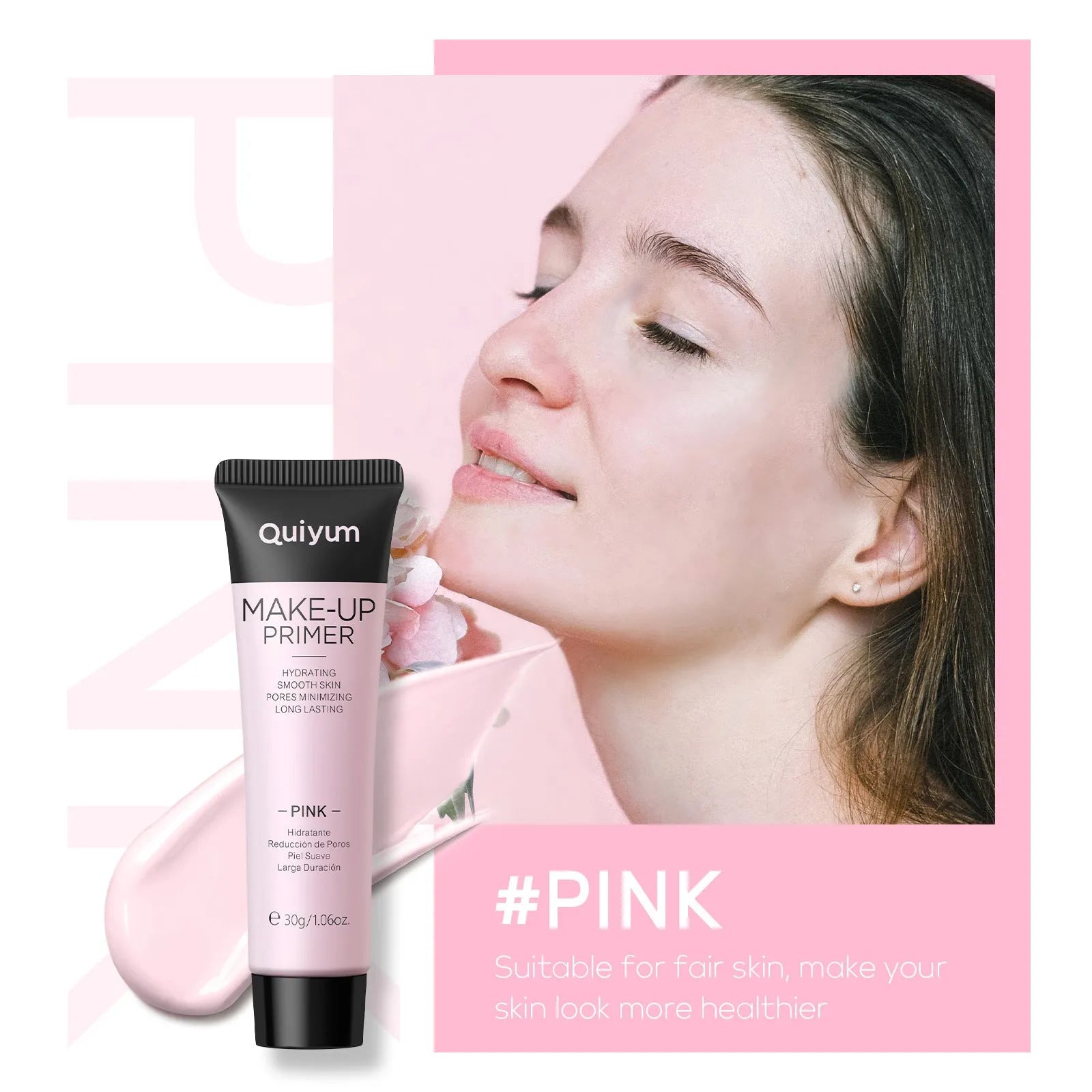 30g colour correcting makeup primer in purple, pink and green shade options with compact packaging