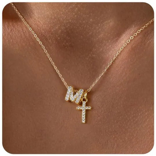 A-Z zircon inlaid letter necklace on a copper regular chain with electroplated finish