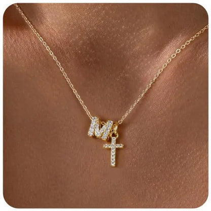 A-Z zircon inlaid letter necklace on a copper regular chain with electroplated finish