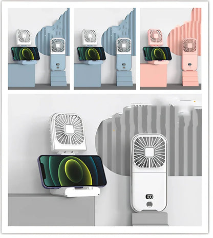 F30Pro folding portable handheld fan in white with digital display, 169x81x20mm size, USB charging, plastic blades for cooling