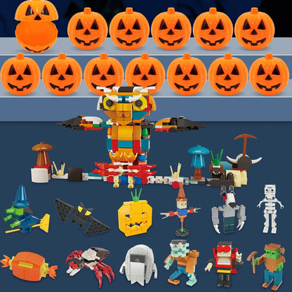 Halloween building blocks set showing six themed designs including handbag and lollipop shapes in colour box packaging