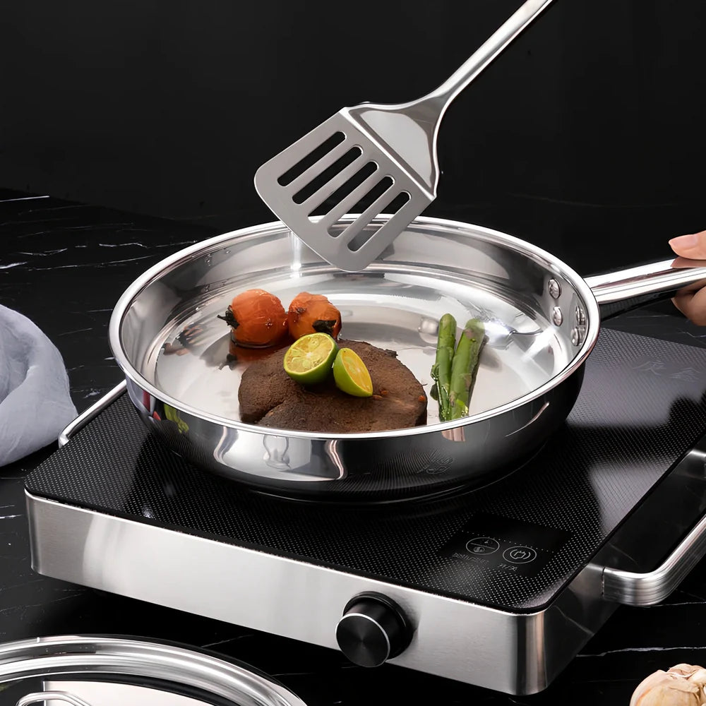 Stainless steel cookware set with 12 pots, glass lids, and utensils in compact 45cm storage package