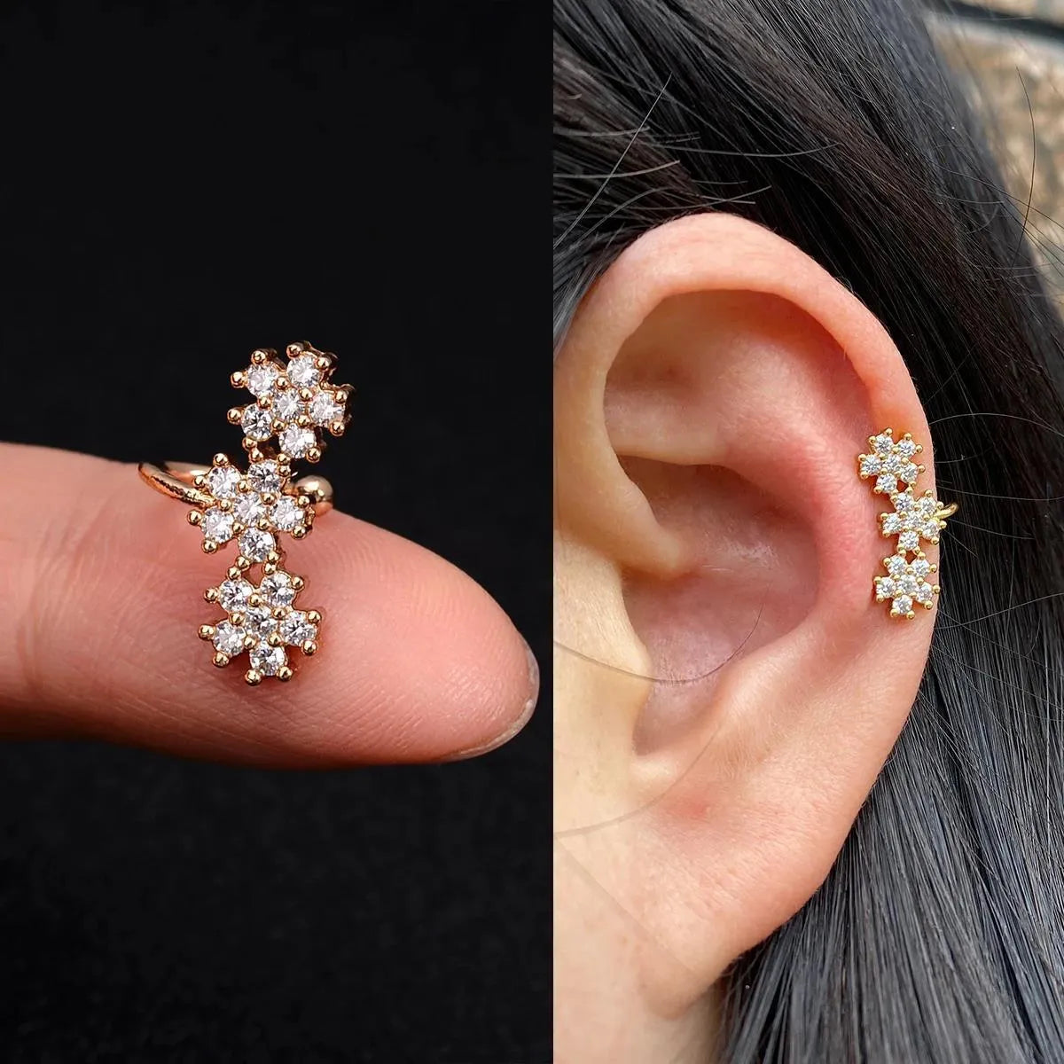 Butterfly flower inlaid zircon pierced earrings in gold or silver copper for women