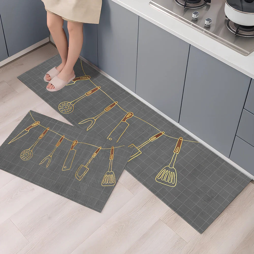Rectangular polyester kitchen floor mat with machine-woven texture in modern design