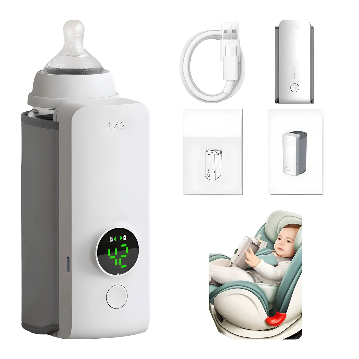 Grey non-woven portable baby bottle warmer with USB charging cable showing wrap-around design for universal bottle fit