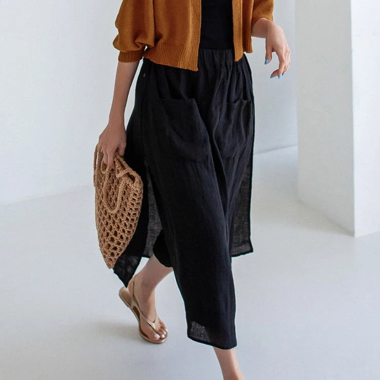 Elegant linen wide-leg culottes with double pockets in hemp and black colors