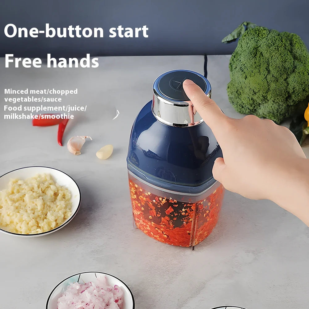 Dark blue meat grinder blender with 200W motor, 25cm height, universal voltage 111V-240V compatibility