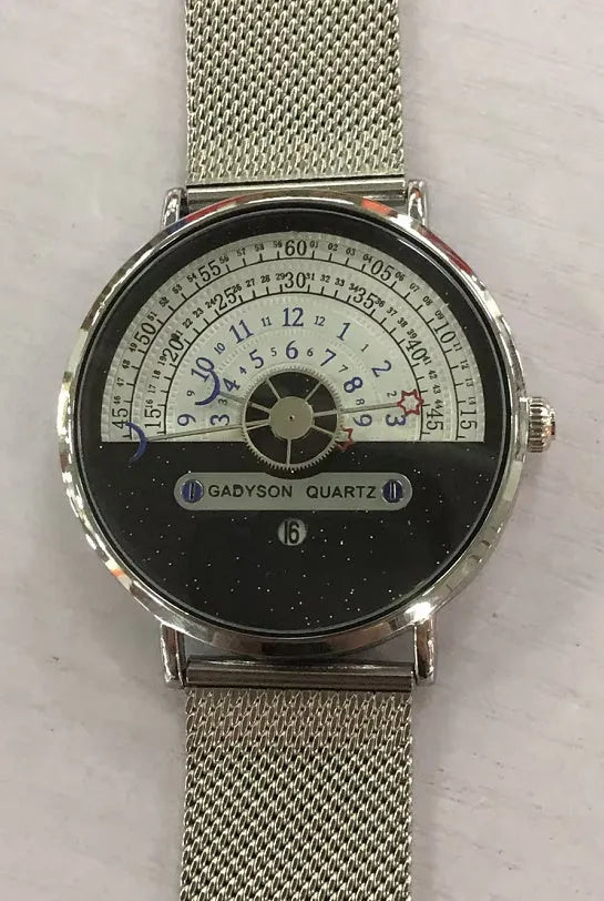 Men's M-1288 quartz wristwatch with round dial, stainless steel case, and leather strap showing time display