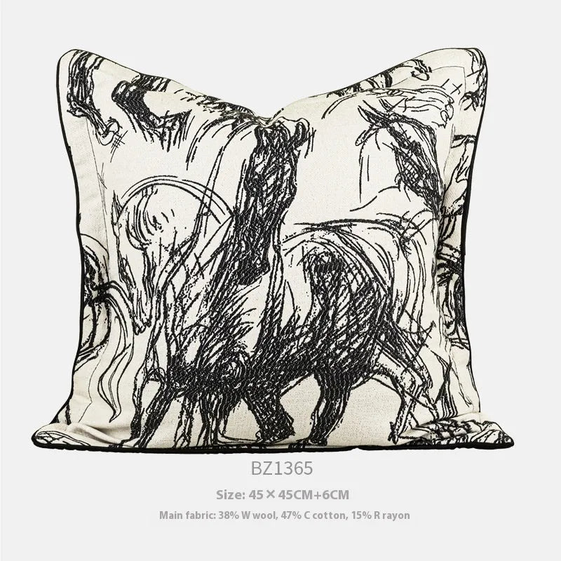 Golden horse pattern jacquard cushion in square and waist sizes with three colour options