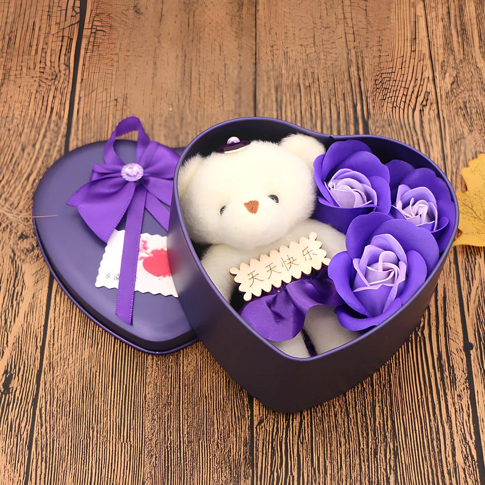 Handmade soap flower gift box in red heart-shaped tin with three blooms and bear, 12x12x5 cm for Valentine's Day