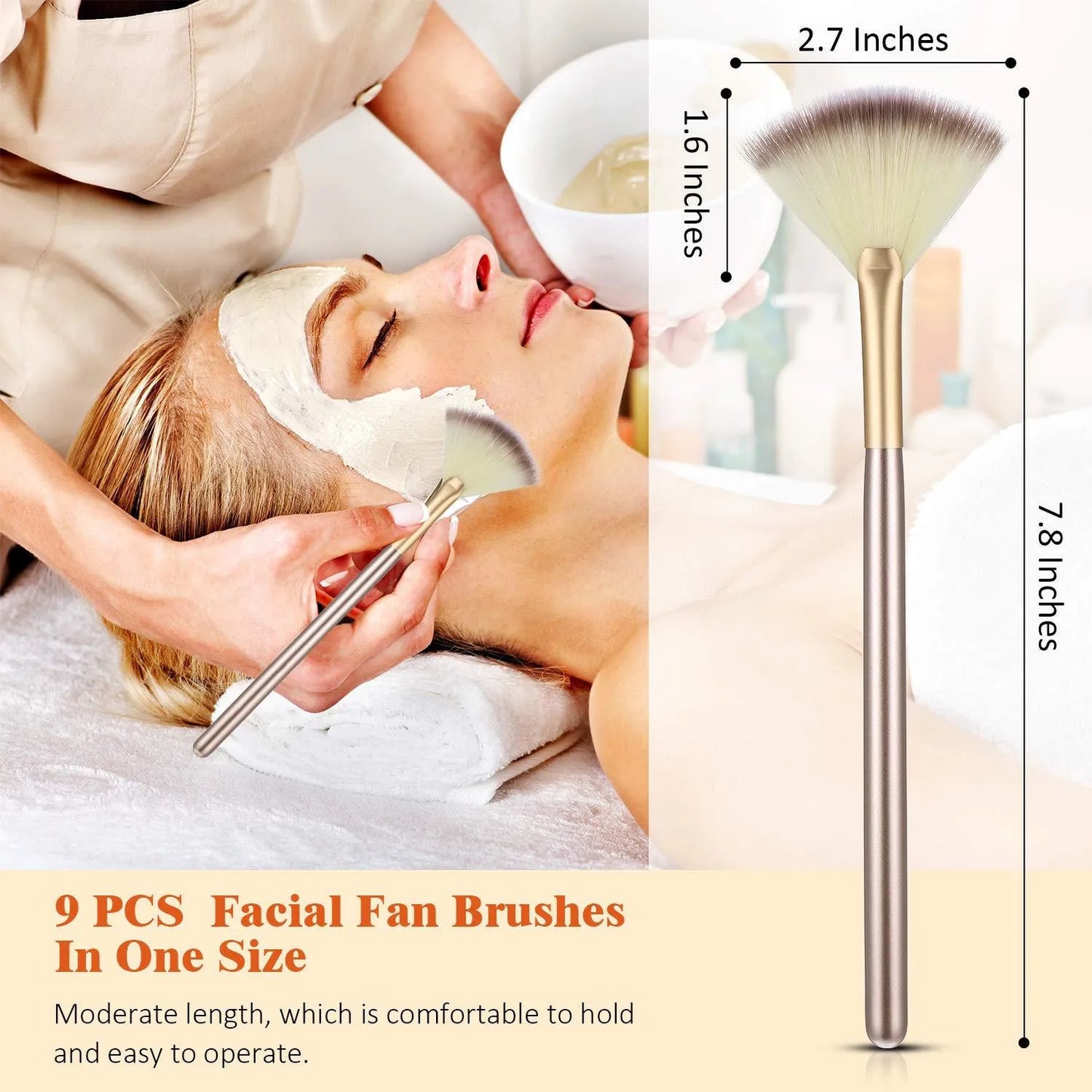 Ten soft fibre facial fan brushes with champagne finish acrylic handles and brush covers.