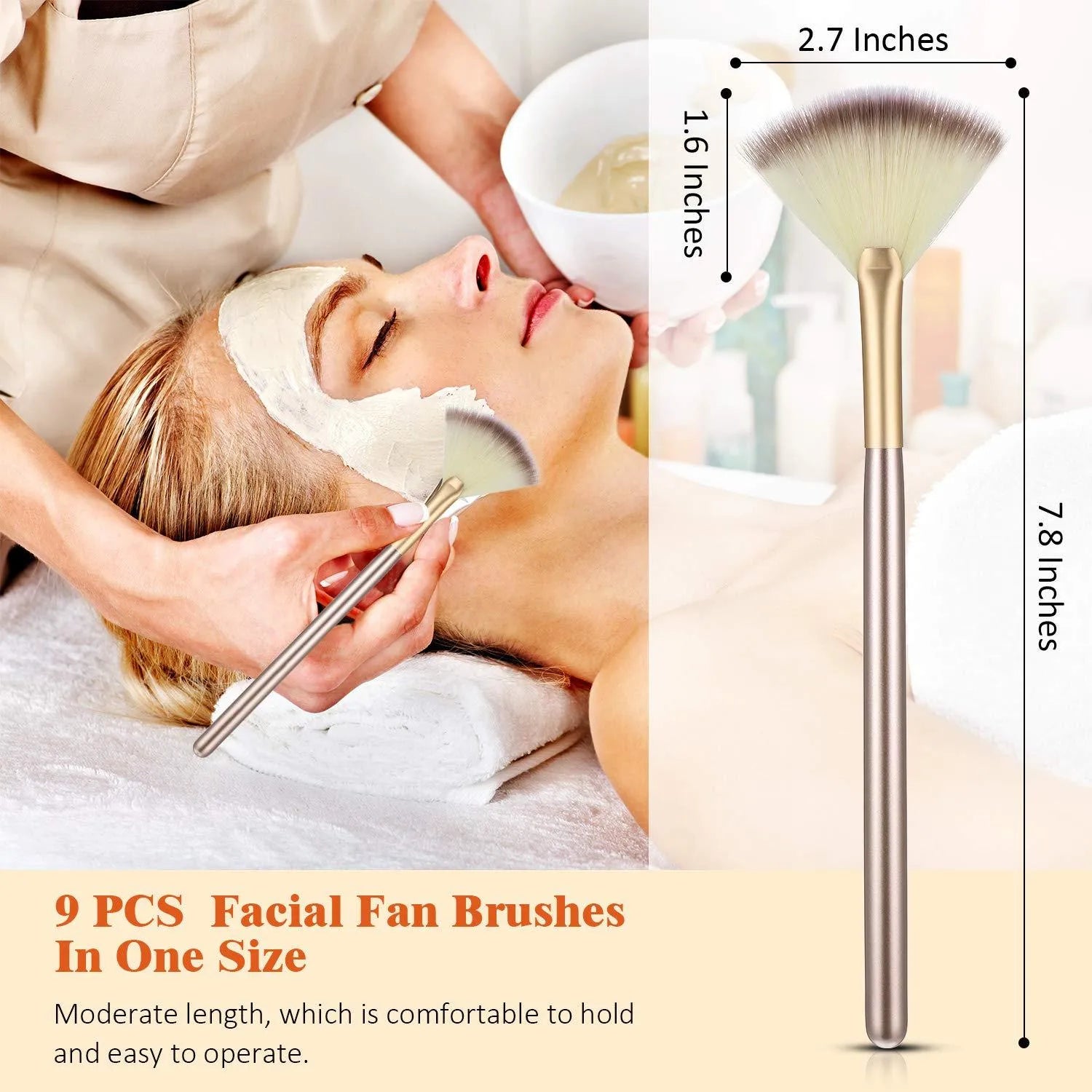 Ten soft fibre facial fan brushes with champagne finish acrylic handles and brush covers.