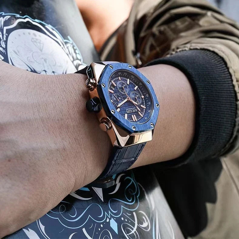 Men's multifunctional waterproof quartz watch with 13mm thickness showing three strap options