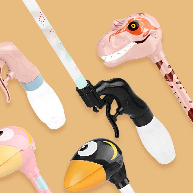 Colorful dinosaur and flamingo-shaped water blasters for kids, perfect for summer water battles and outdoor fun