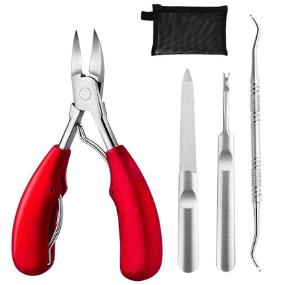Stainless steel nail clippers with a blue ABS plastic handle and accompanying grooming tools on a white background.