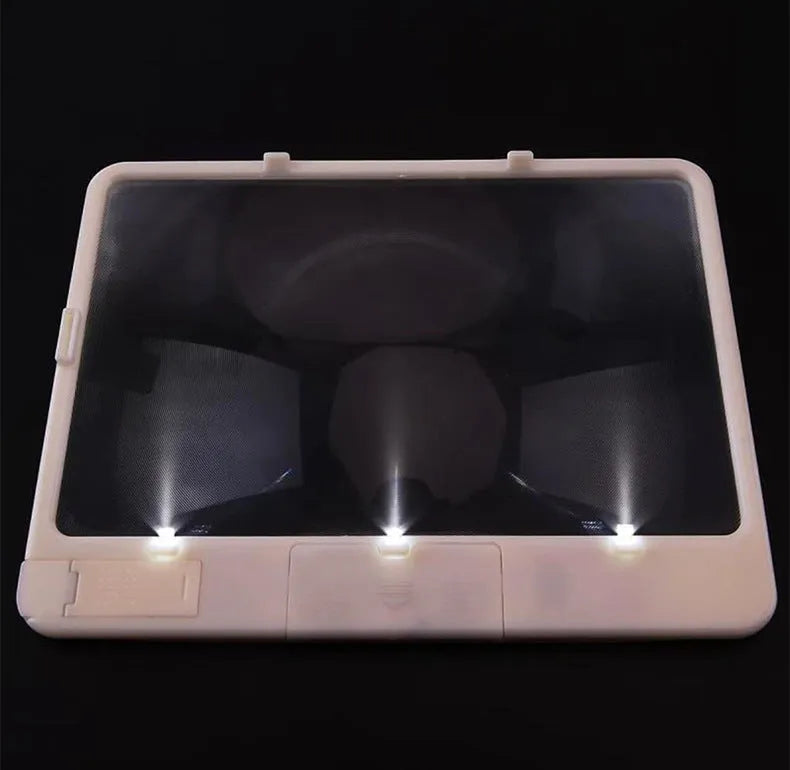 180x140mm magnifying glass with LED reading light showing 3x magnification and desktop/handheld design
