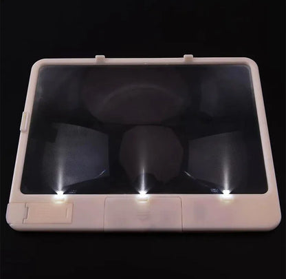180x140mm magnifying glass with LED reading light showing 3x magnification and desktop/handheld design