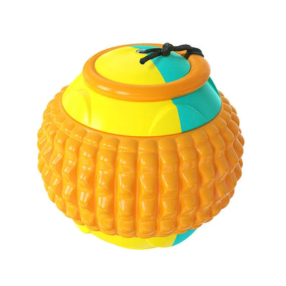 Interactive hand-throwing pet ball with textured rubber surface and retractable drawstring for engaging play and dental care