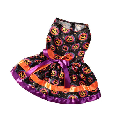 Halloween dog skirt in colourful pumpkin print, double-layer design, size medium on a dog.