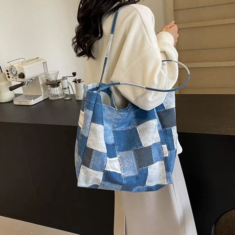 Women's denim tote bag with color-contrast check design for commute and leisure