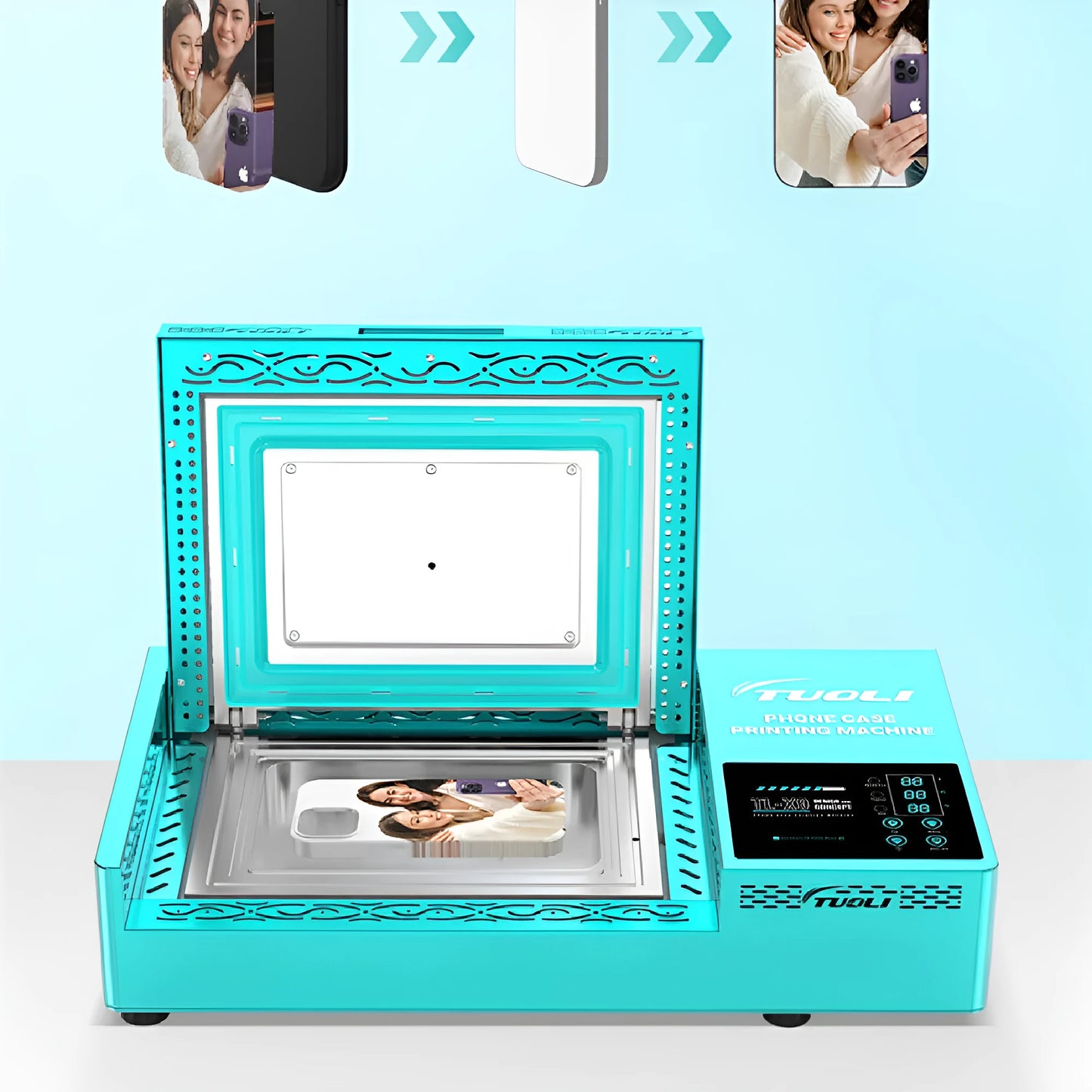 Metal phone case heat transfer printing press machine for custom decoration.