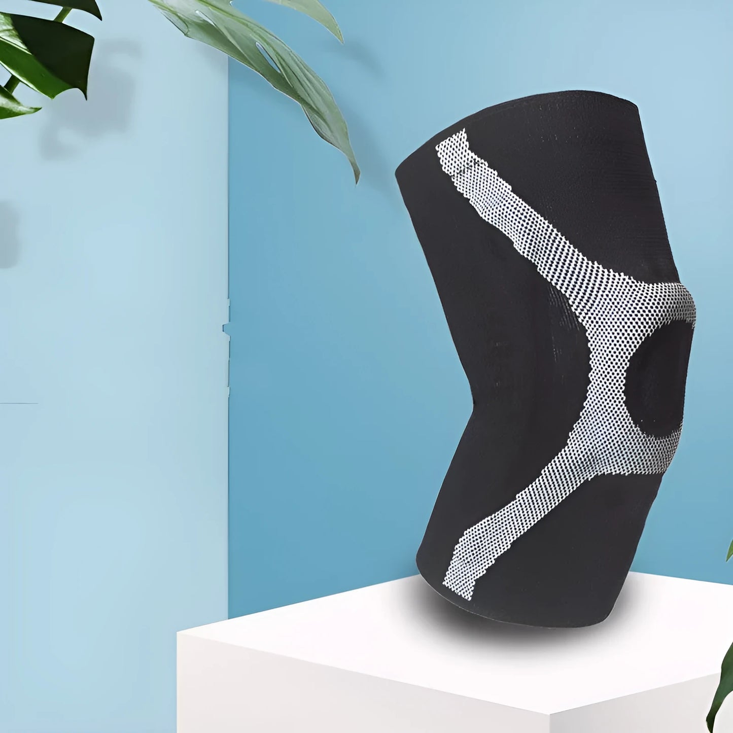 Red silicone knitted sports knee pad shown on a knee, demonstrating its non-slip design for running and climbing.