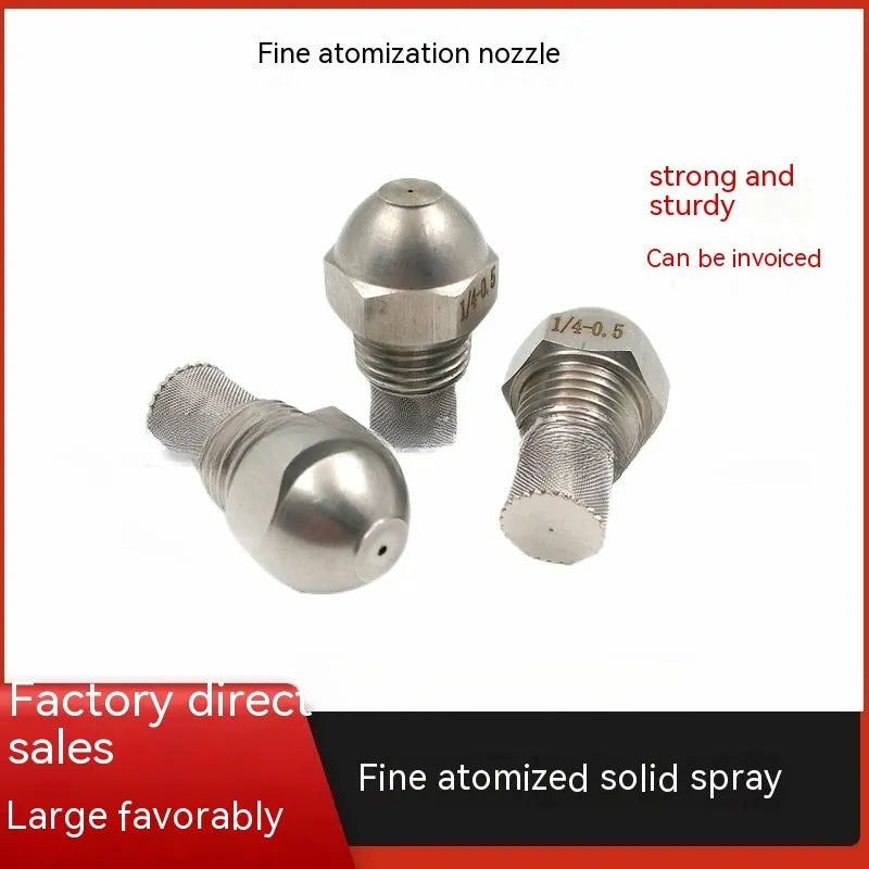 304 stainless steel high and low pressure atomising nozzle with external thread and filter.