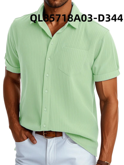 Man wearing a loose fit printed short sleeve lapel shirt in a casual setting