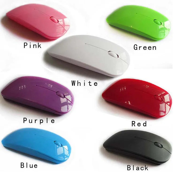 Thin wireless mouse in black, blue, green, pink, purple, red or white, with 10m range and adjustable dpi.