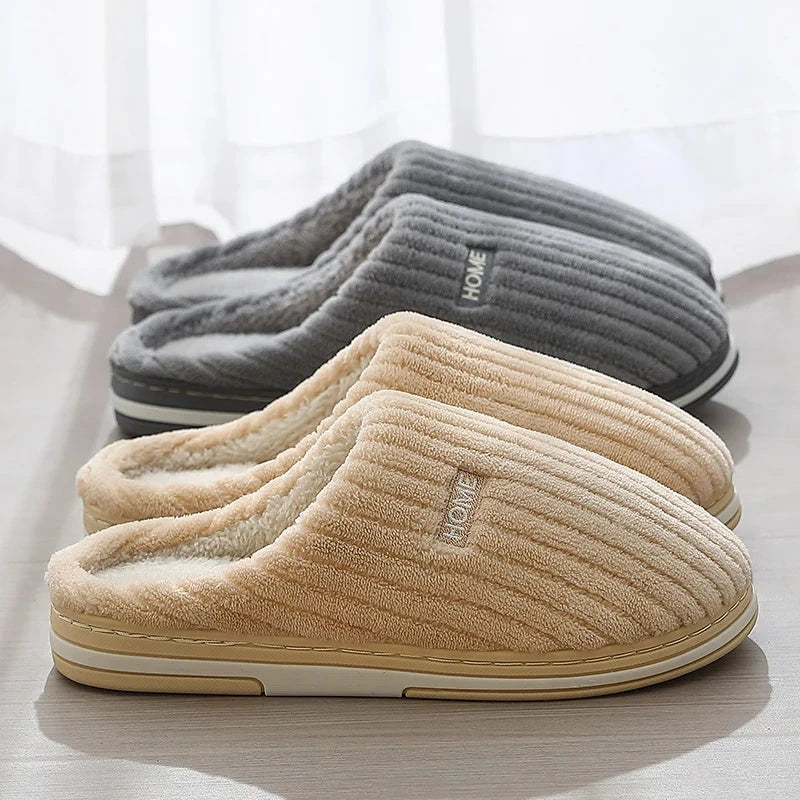 Cozy cotton slippers in various colors, featuring a soft, plush lining and non-slip rubber sole for indoor comfort and warmth