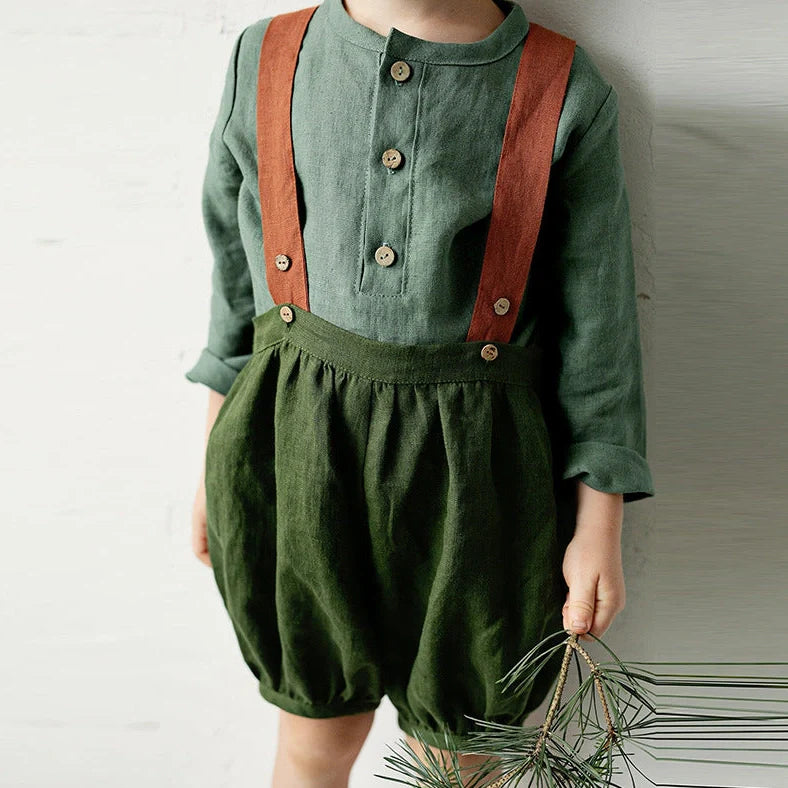 Boy's half-open collar linen shirt in green colour with long sleeves