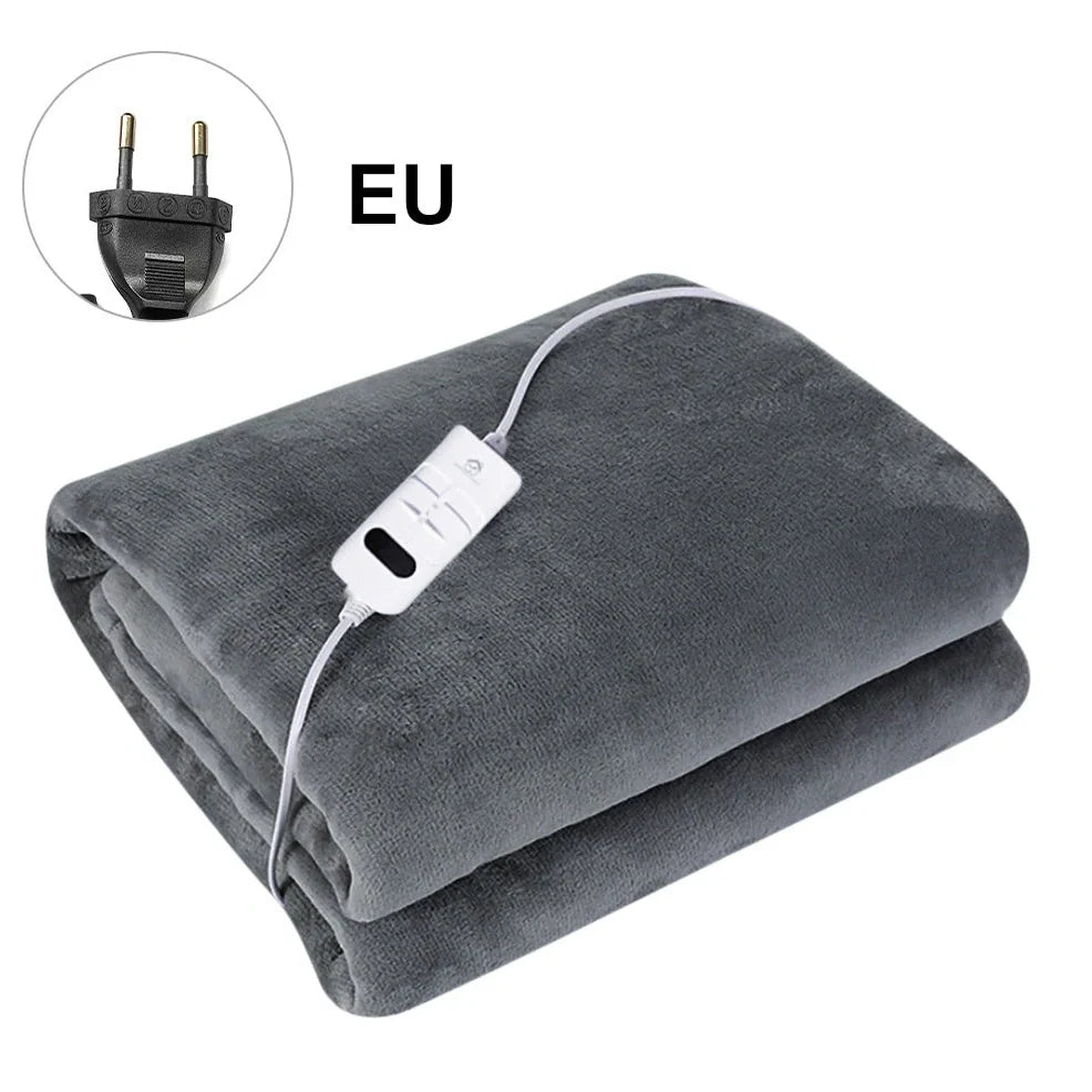 Grey tweed electric heating blanket showing 150cm width and UK plug compatibility
