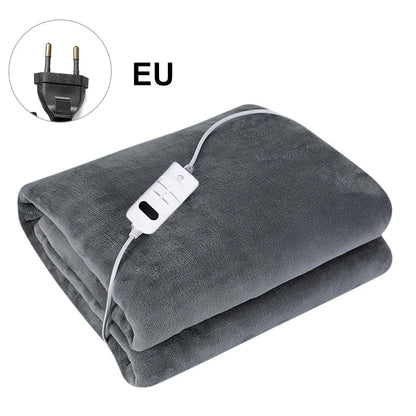 Grey tweed electric heating blanket showing 150cm width and UK plug compatibility