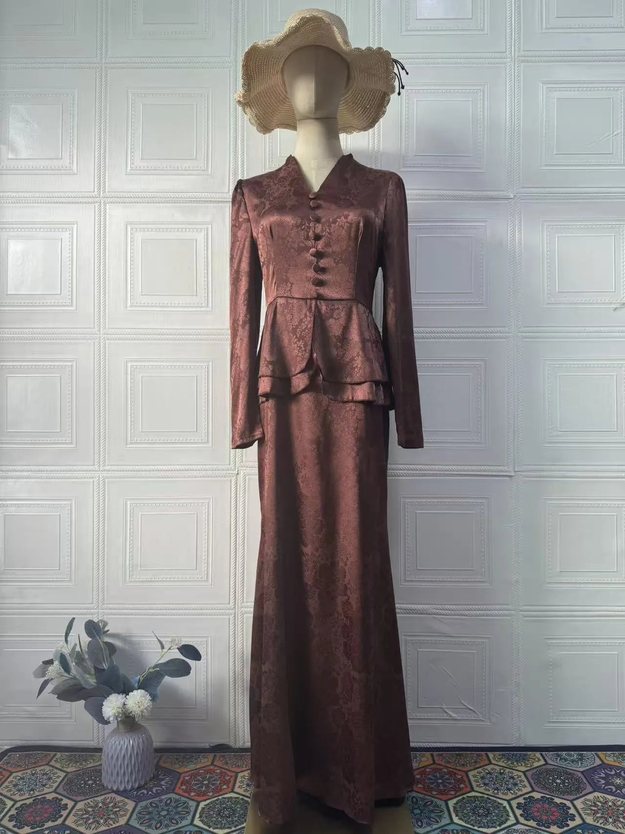 Dark brown retro women's long sleeve dress with floral pattern and button front.