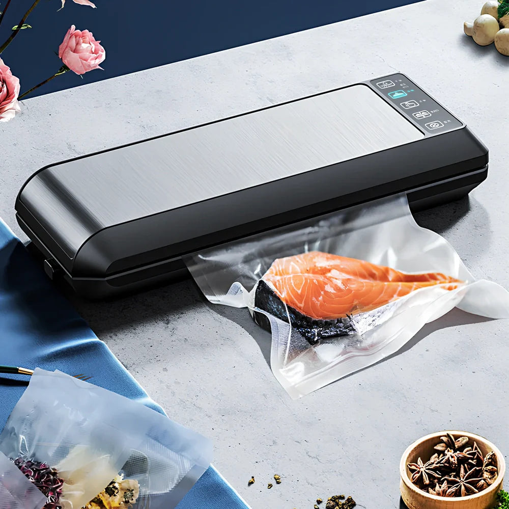 Black HP-9007 vacuum food sealer with 17x25cm bags, dimensions 14x35x5.5cm for home use