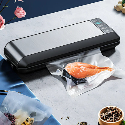 Black HP-9007 vacuum food sealer with 17x25cm bags, dimensions 14x35x5.5cm for home use