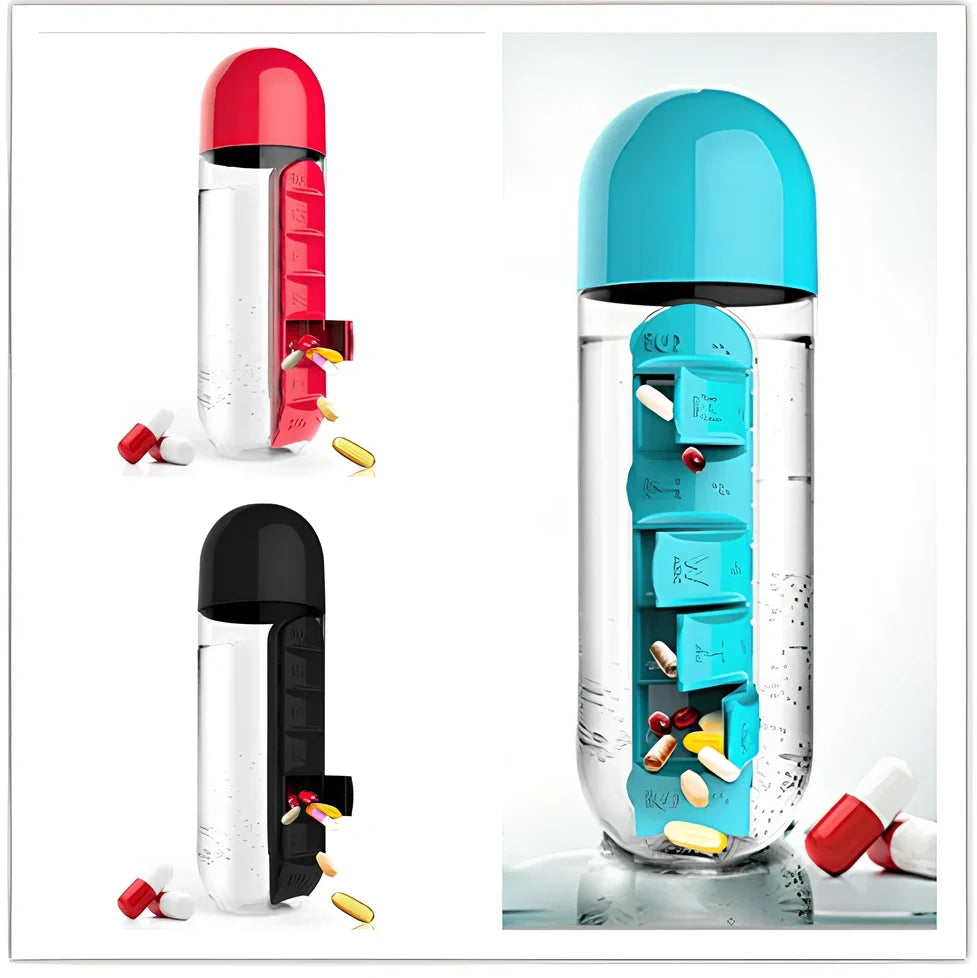 Two-in-one water cup with attached 7-day pill organiser showing daily compartments and screw-top lid