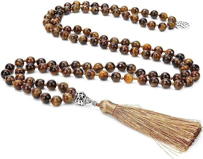 Handmade knotted beaded necklace with 108 natural stone beads in various colours.