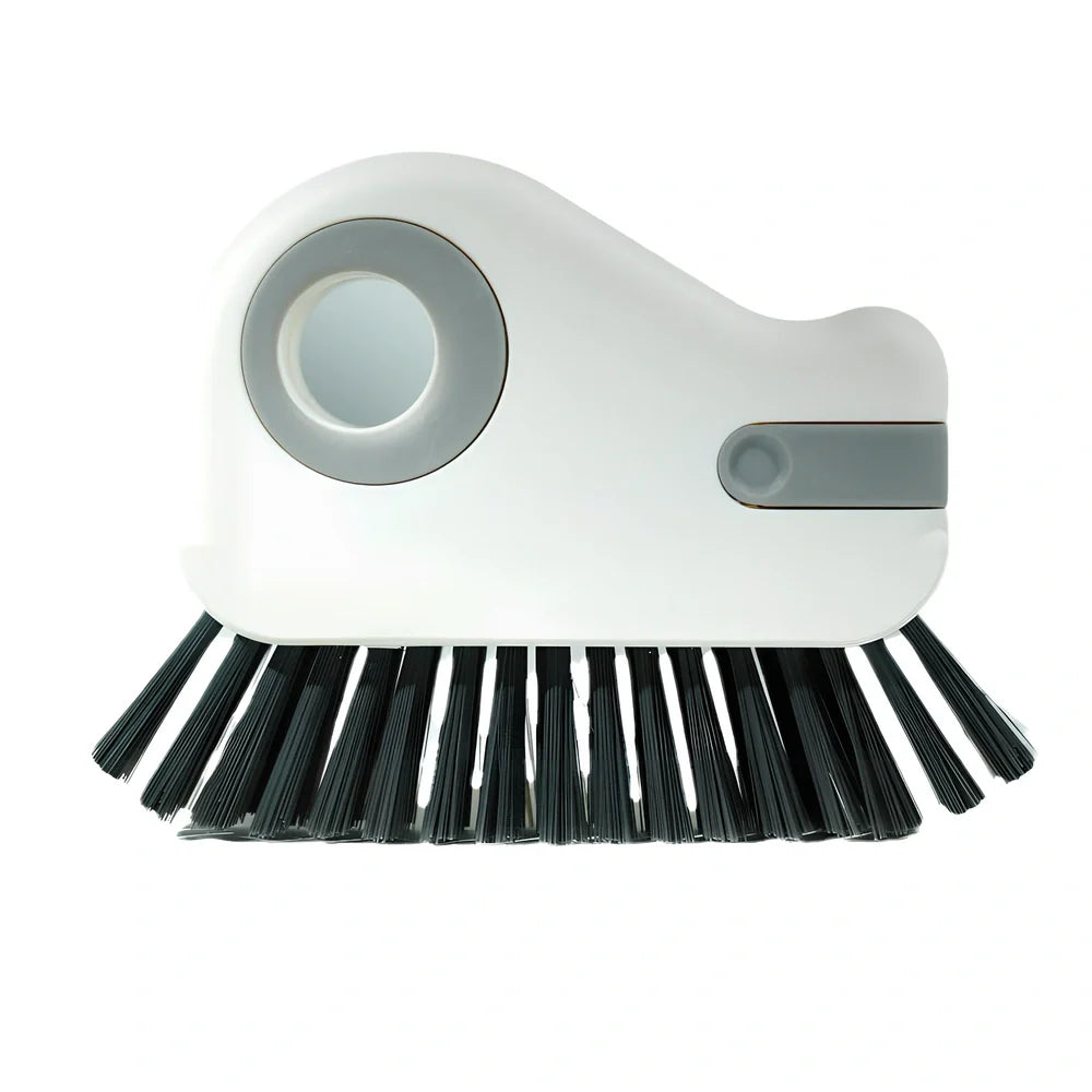 Groove cleaning brush with grey handle and pig bristle head for window track and kitchen cleaning