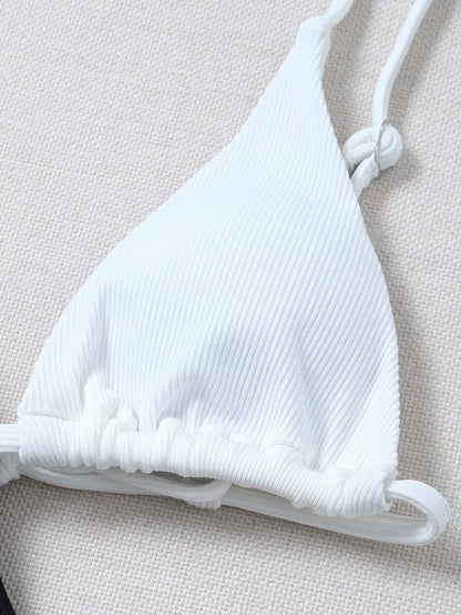 Solid color polyester bikini in black and white, fluorescent green, light blue