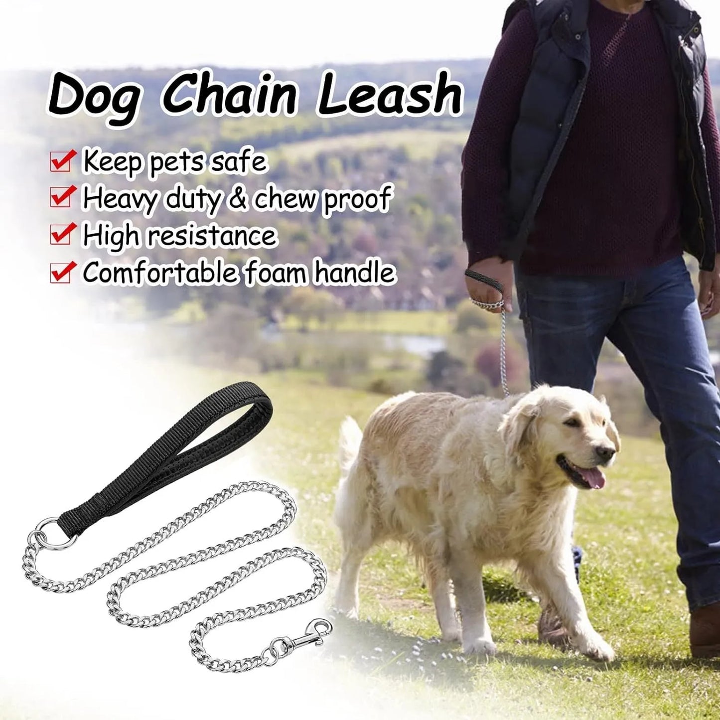 Heavy duty metal dog leash with chew-proof chain and soft padded handle in black, blue, or red colours