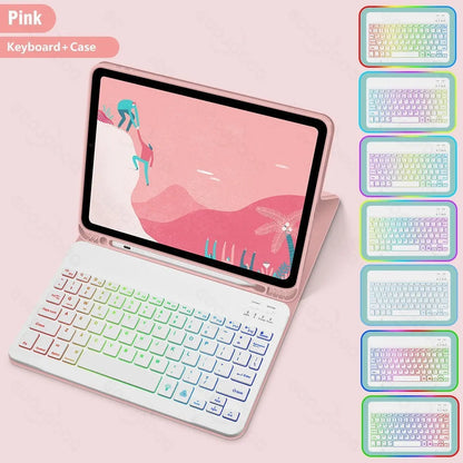 iPad in a black TPU leather case with a built-in luminous RGB backlit Bluetooth keyboard and a stand open.