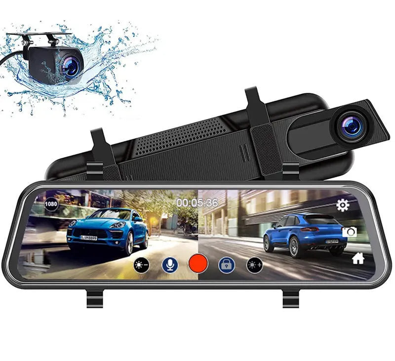 10-inch car dash cam with front and rear cameras on full touchscreen display