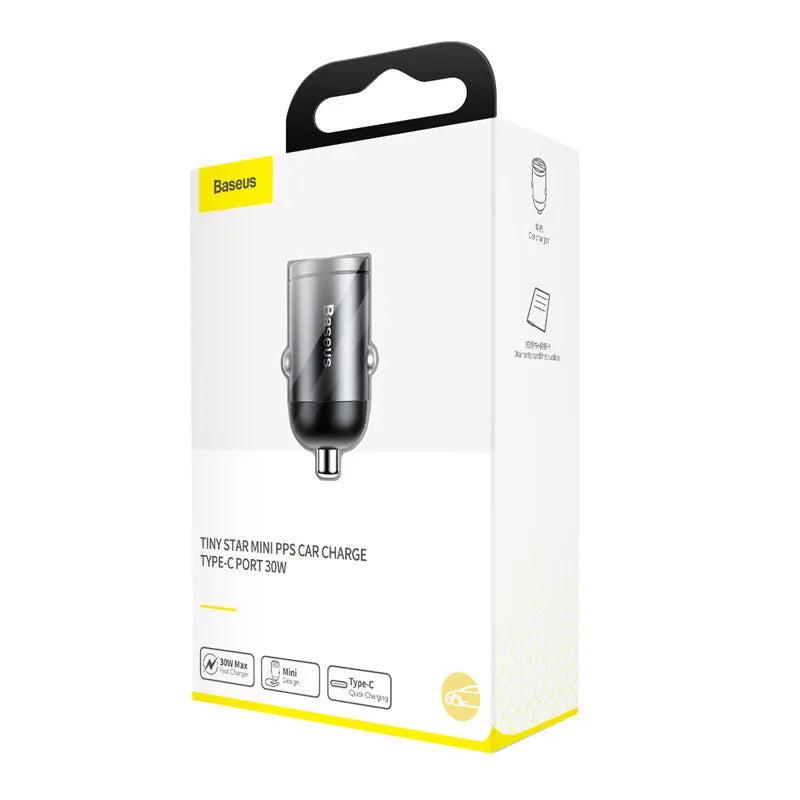 Baseus grey mini car charger with 1-metre cable plugged into vehicle 12V socket